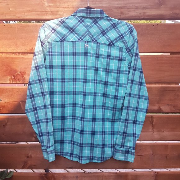 UNDER ARMOUR Button Down Shirt Medium US M Plaid Long Sleeve Blue Green Teal - Picture 15 of 16
